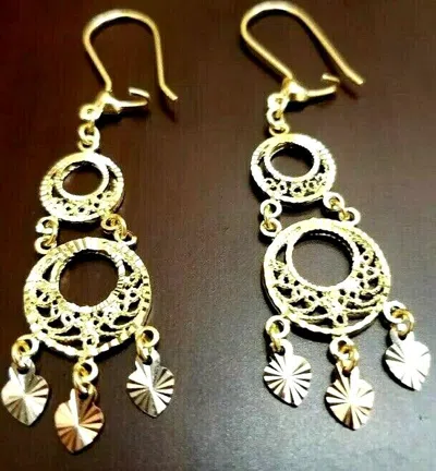 Pre-owned Handmade Gold Chandelier Earring 14k Heart Solid Real Tri Gypsy Filigree Long Dangle