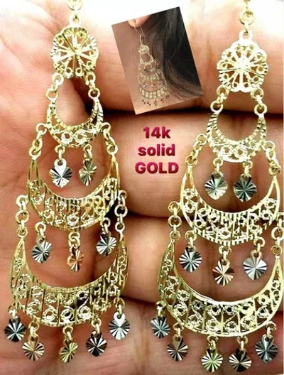 Pre-owned Handmade Gold Earring Chandelier 14k Heart Gypsy Filigree Solid Long Drop Hang 3.25" In Multicolor