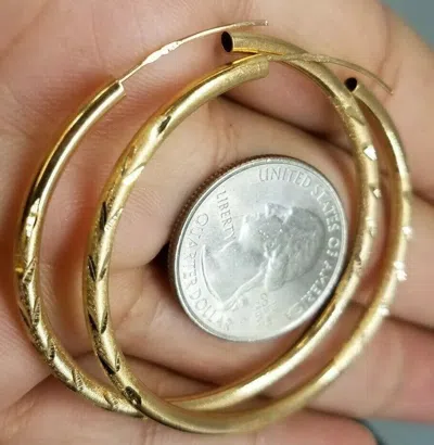 Pre-owned Handmade Gold Earring Hoop 14k Endless Real Yellow Diamond Cut 6.3g 3mm 50mm