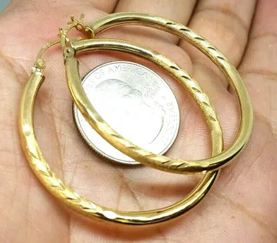 Pre-owned Handmade Gold Earring Hoop 14k Real Yellow Diamond Cut Round 3mm 45mm 1.75" Inch Big