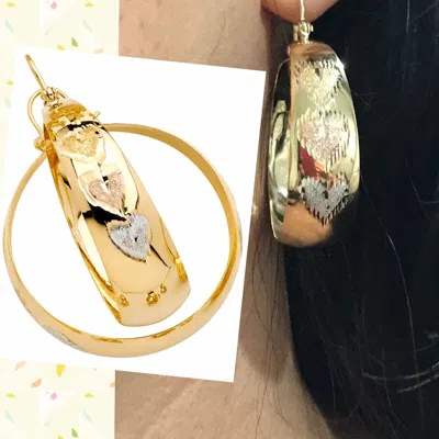 Pre-owned Handmade Gold Hoop Earring Heart 14k Solid Yellow White Rose Wide Thick 1.70" 43x33mm