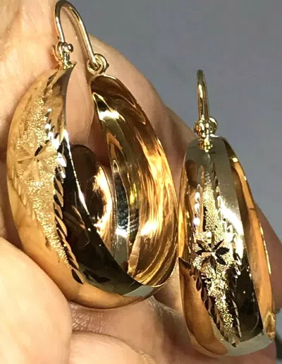 Pre-owned Handmade Gold Hoop Earring Wide 14k Solid Round Diamond Cut 11mm Thick 42x33mm 1.65” In Yellow
