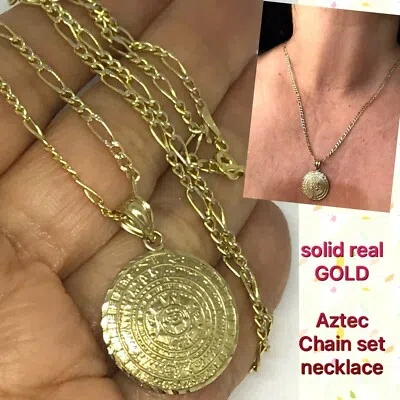 Pre-owned Handmade Gold Necklace Set Aztec Pendant 1.15" Chain Figaro 2.5mm 20" 10k Solid Oro