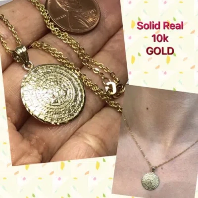 Pre-owned Handmade Gold Necklace Set Aztec Pendant Solid Real 10k 1.15" Chain 1.5mm 18"