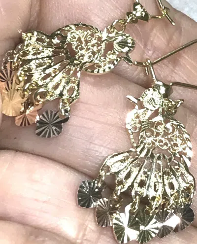 Pre-owned Handmade Gold Peacock Chandelier Earring 14k Solid Gypsy Filigree Hang Dangle Long 1.50"