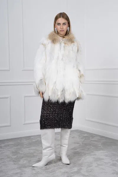 Pre-owned Handmade Golden Island Fox Fur Sections Jacket In White
