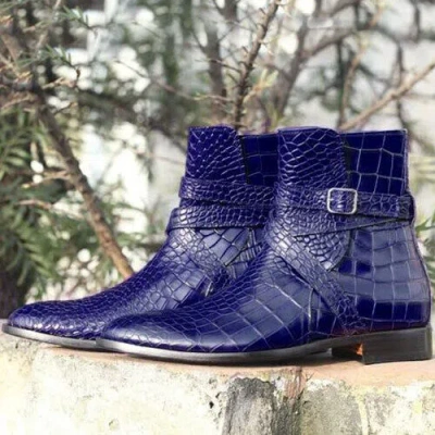 Pre-owned Handmade Goodyear Welted Blue Crocodile Print Leather Monk Strap Formal Ankle Men Boots