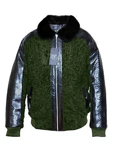 Pre-owned Handmade Green Genuine Python Snake Skins Trim Persian Lamb Fur Bomber Jacket All Sizes