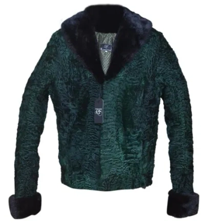 Pre-owned Handmade Green Persian Lamb Fur Karakul Fur Bomber Jacket Mink Fur Collar All Sizes