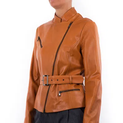 Pre-owned Handmade Italian  Women Genuine Lamb Leather Biker Asymmetrical Jacket Color Tan In Brown