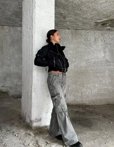Pre-owned Handmade Italian  Women Genuine Leather Biker Cropped Jacket Black Used Look