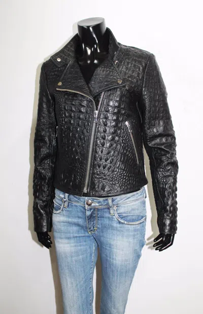 Pre-owned Handmade Italian  Women Leather Biker Jacket Alligator Crocodile Black M