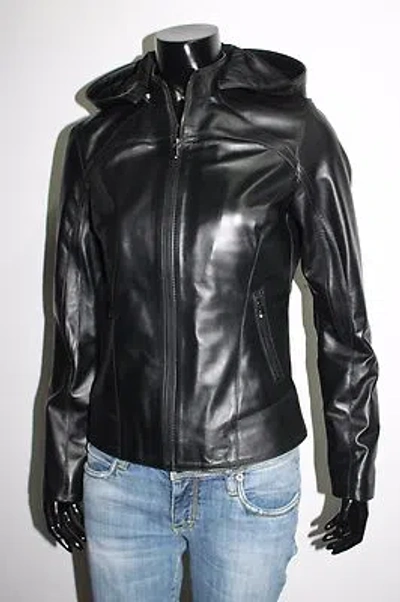 Pre-owned Handmade Italian  Women Leather Jacket Removable Hood Size Xs Black