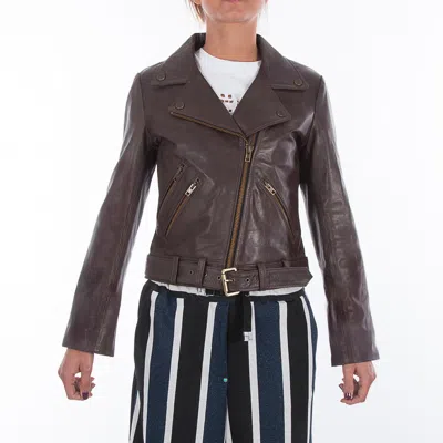 Pre-owned Handmade Italian  Women Soft Lamb Genuine Leather Biker Jacket Natural Dark Brown