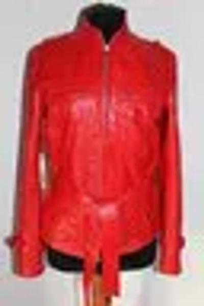 Pre-owned Handmade Italian Women Soft Lambskin Leather Slim Fit Belted Jacket Red Size M