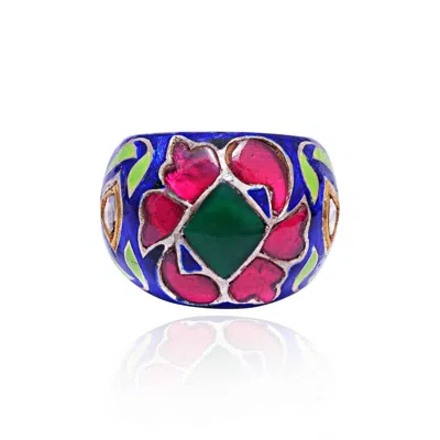 Pre-owned Handmade Kundan Meena Mughal Ruby Emerald Ring Studded And Ruby Ring Silver Ring Antique In Turquoise