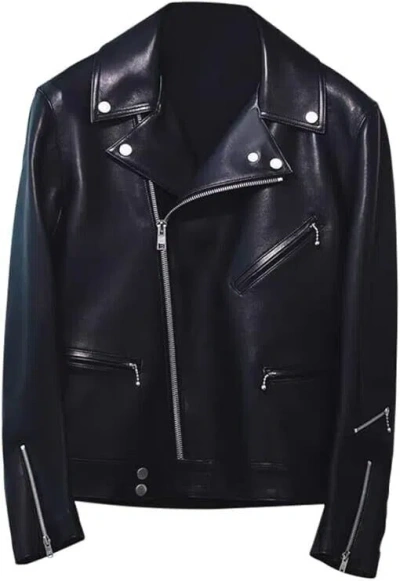 Pre-owned Handmade Lambskin Leather Motorcycle Jacket, Vintage Style, Snap Closures Leather Jackets In Black