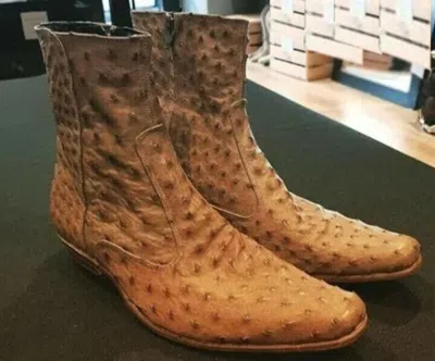 Pre-owned Handmade Latest Design  Dress Tan Ostrich Leather Boot High Ankle Zipper Boots In Brown