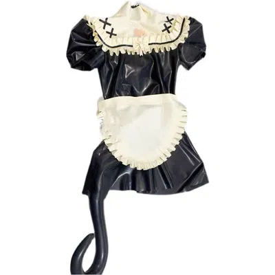 Pre-owned Handmade Latex Rubber Uniform Maid Dress W/ruffles And Black Latex W/apron W/tail