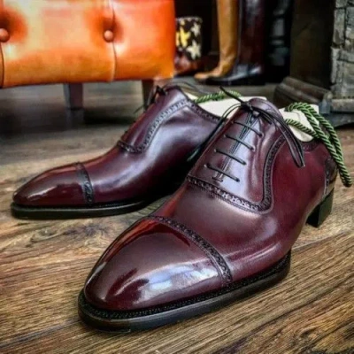 Pre-owned Handmade Made To Measure Men Genuine Burgundy Leather Cap Toe Oxford Lace Up Dress Shoes In Red