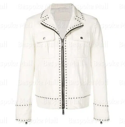 Pre-owned Handmade Man's  Half White Silver Studded Punk Cowhide Leather Jacket- 61