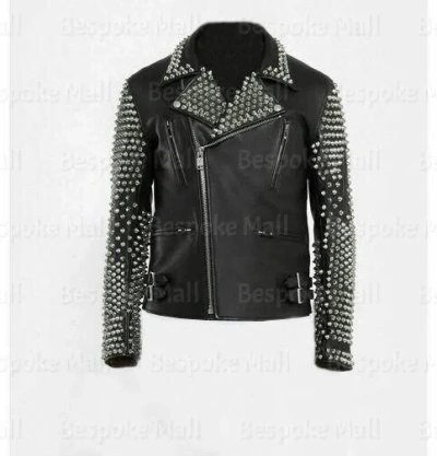 Pre-owned Handmade Man's  Punk Black Silver Studded Brando Motorbike Leather Jacket-958