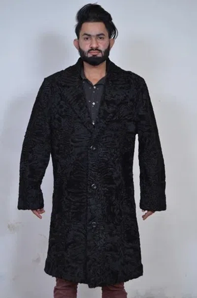 Pre-owned Handmade Man's Real Real Astrakhan Swakara Wavy Karakul Fur Long Coat All & Custom Size In Black