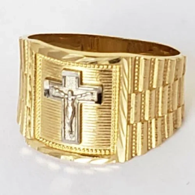 Pre-owned Handmade Mans 14k Yellow Gold Jesus Crucifix Cross Ring Size 8 9 10 11 In White