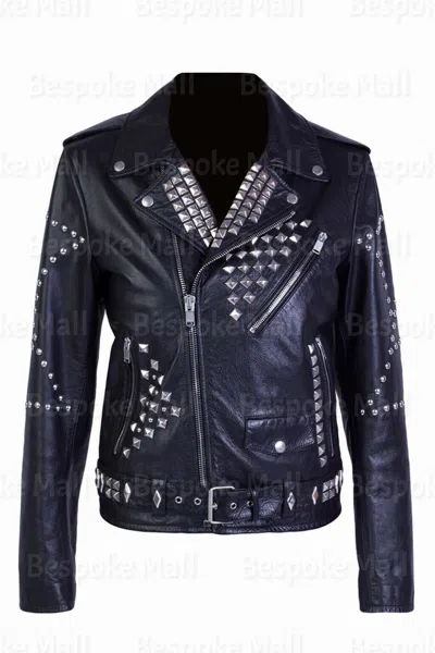 Pre-owned Handmade Mans  Black Silver Studded Antique Leather Biker Jacket Belted-43