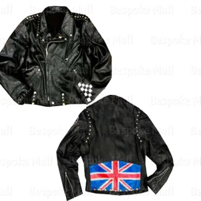 Pre-owned Handmade Men's Aged Biker Gang British 59 Racer Flag Studded Patched Leather Jacket-880 In Black