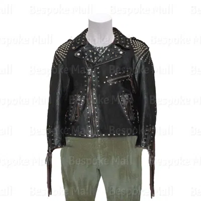Pre-owned Handmade Men's American Black Silver Studded Fringes Brando Style Leather Jacket-248