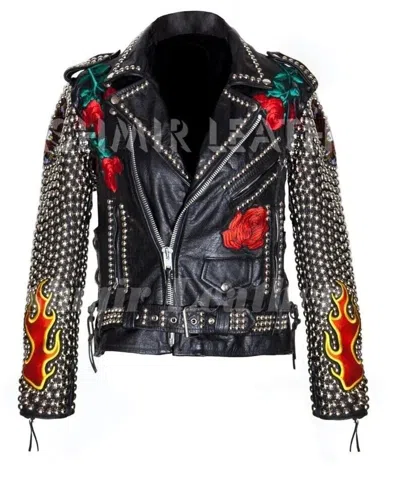 Pre-owned Handmade Men's American Flag Punk Silver Studded Roses Fires Patches Leather Jacket