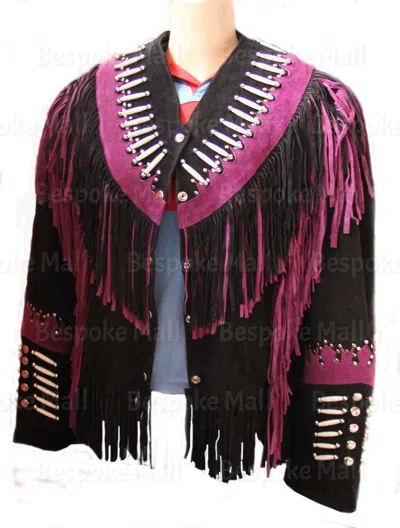 Pre-owned Handmade Men's American Native Western Leather Coat Jacket Fringes Bones Studs-249 In Black