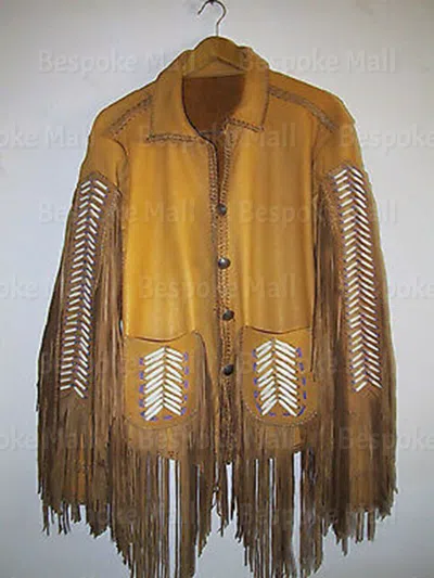 Pre-owned Handmade Men's American Native Western Style Cowboy Leather Coat With Fringes-603 In Yellow