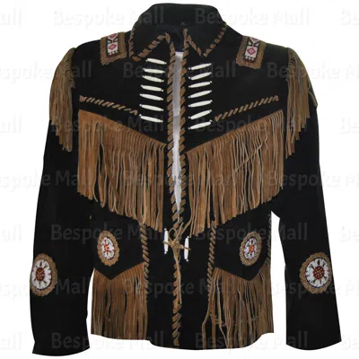 Pre-owned Handmade Men's American Western  Brown Suede Leather Jacket Fringes Beads-527