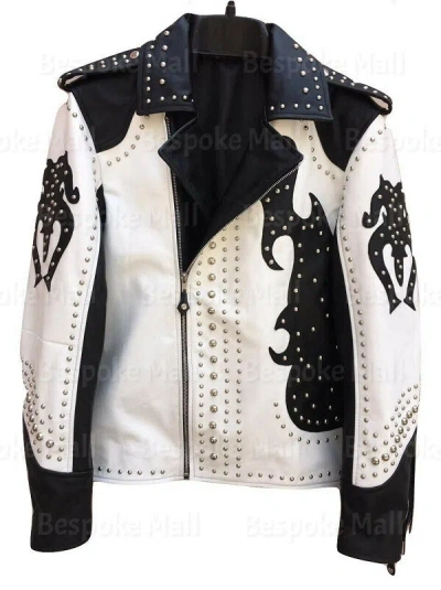 Pre-owned Handmade Men's American Western Native Studded Fringed Designed Leather Jacket-866 In Black