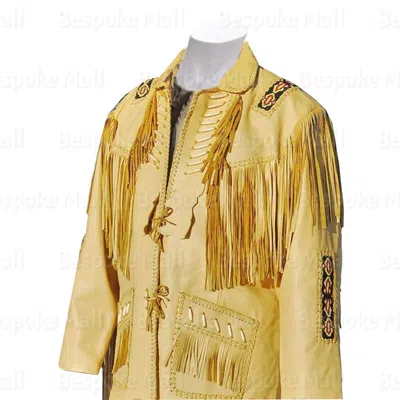 Pre-owned Handmade Men American Western Style Cowboy Leather Jacket Coat Fringes Bone Beads-485 In Yellow