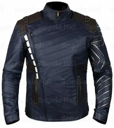 Pre-owned Handmade Men's Avengers Infinity War Bucky Barnes Movi Blue Sheep Leather Jacket-512