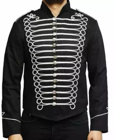 Pre-owned Handmade Men's Black And Silver Steampunk Napoleon Military Drummer Parade Hussar Jacket
