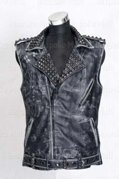 Pre-owned Handmade Men's Black Black Studded Top Quilted Style Cowhide Biker Leather Vest-609