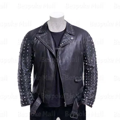 Pre-owned Handmade Men Black Brando Silver Studs Button Zipper Belted Cowhide Leather Jacket-259