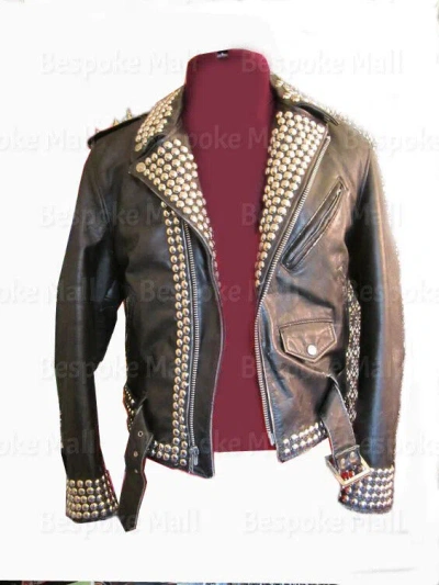 Pre-owned Handmade Men's Black Brando Zipper Silver Studded Cowhide Biker Leather Jacket-1027 In All Colors