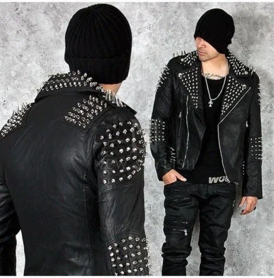 Pre-owned Handmade Men's Black Color Biker Genuine Leather Full Silver Spike Studded Slim Jacket