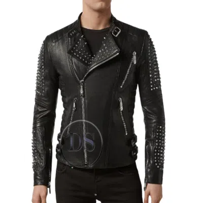 Pre-owned Handmade Men's Black Color Genuine Leather Silver Studded Fashion Biker Zipper Jacket In Same As Shown In Picture