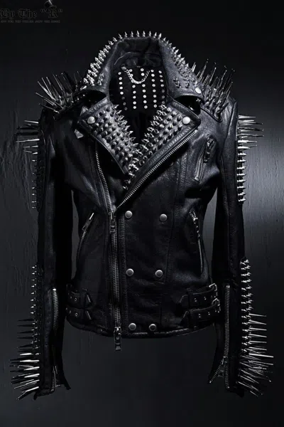 Pre-owned Handmade Men's Black Full Long Spiked Motorcycle Punk Rock Leather Jacket Button Up In Brown Gold