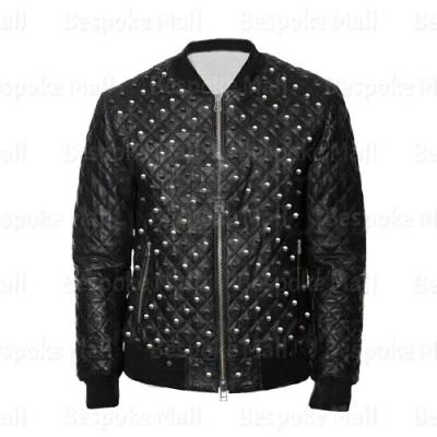 Pre-owned Handmade Men Black Full Quilted Silver Black Studded Unique Zipper Leather Jacket-952