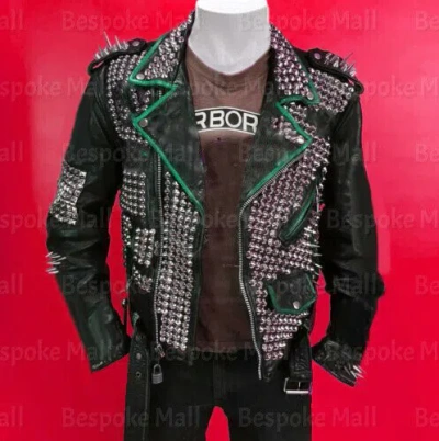 Pre-owned Handmade Men's Black Full Silver Long Spiked Studded Cowhide Biker Leather Jacket-323