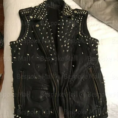 Pre-owned Handmade Men's Black Full Silver Spiked Punk Unique Cowhide Biker Leather Vest-718