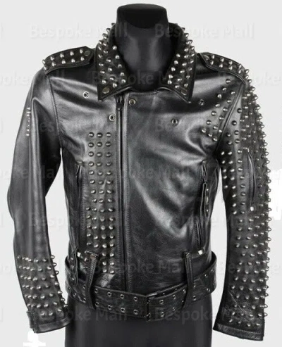 Pre-owned Handmade Men Black Full Silver Spiked Studded Punk Unique Cowhide Leather Jacket-973