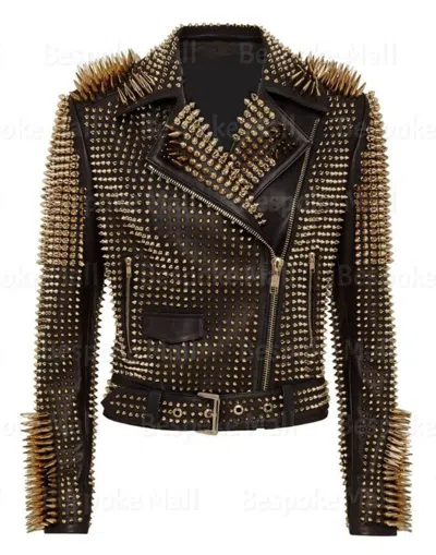 Pre-owned Handmade Men Black Full Silver Spiked Studded White Lining Cowhide Leather Jacket-114